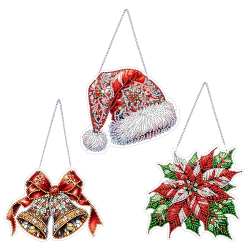 Fiorky 3-teiliges Weihnachts-Diamantgemälde-Hängeschild-Set, 5D-Acryl-Weihnachts-Hängeanhänger, Strass-Diamant-Kunst, Fensteranhänger for Zuhause, Garten, Wandbehang-Sets, Hängedekoration von Fiorky