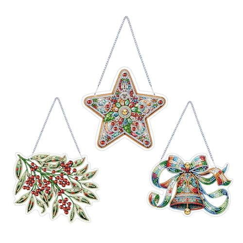 Fiorky 3-teiliges Weihnachts-Diamantgemälde-Hängeschild-Set, 5D-Acryl-Weihnachts-Hängeanhänger, Strass-Diamant-Kunst, Fensteranhänger for Zuhause, Garten, Wandbehang-Sets, Hängedekoration von Fiorky