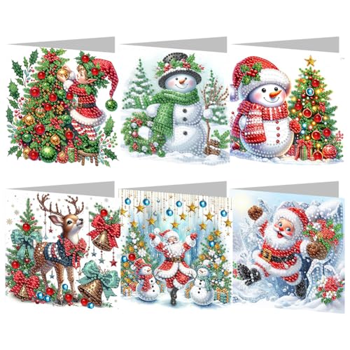 Fiorky 6 Stück Weihnachts-5D-Strass-Stickerei-Kunstkarten-Sets, DIY-Diamant-Malerei, Gruß-Dankeskarte, handgefertigte Diamant-Stickerei-Malerei-Sets, Kunsthandwerk für Weihnachtsgeschenk von Fiorky