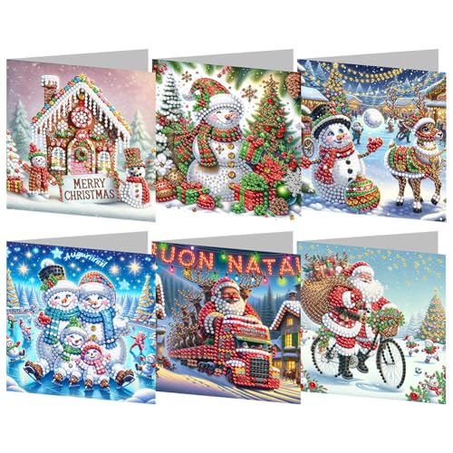 Fiorky 6 Stück Weihnachts-5D-Strass-Stickerei-Kunstkarten-Sets, DIY-Diamant-Malerei, Gruß-Dankeskarte, handgefertigte Diamant-Stickerei-Malerei-Sets, Kunsthandwerk für Weihnachtsgeschenk von Fiorky