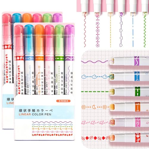 Fiorky Highlighters Stifte Sorthed, Border Pen leicht zeichnen dekorative Linien Roller Tipp Curve Liner Marker Grenzstempelstempel for Planer Sammelalbum Lieferungen perfekt Schule und Büro von Fiorky