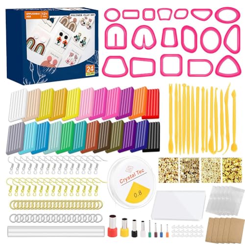 Fiorky Polymer-Ton-Modelliermasse in 24 Farben, ungiftiges DIY-Kunsthandwerk-Ton-Set mit Bildhauerwerkzeugen, Modellier-Backton-Starter-Set for die Schmuckherstellung von Fiorky