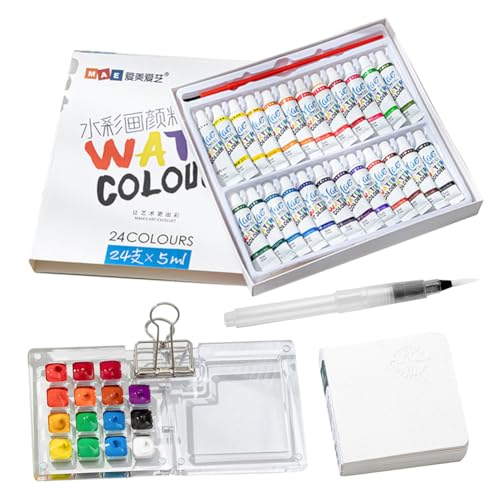 Fiorky Tragbares Mini-Aquarellpaletten-Set for Maler, Künstler, Studenten, Aquarell-Skizzenbuch mit Binder-Clip, tragbares Skizzenbuch-Paletten-Set, Aquarellpinsel, Acryl-Gitter-Farbkasten von Fiorky