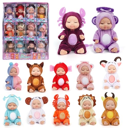 Fiotha 12 Stück Mini Reborn Puppen, Mini Baby Puppe, Kleine Mini PüPpchen Mit Kleidung, 3,5 Zoll Mini-Babypuppe, Realistische Bewegliche Babypuppe, Geschenk für Mädchen, Kleinkinder und Kinder von Fiotha