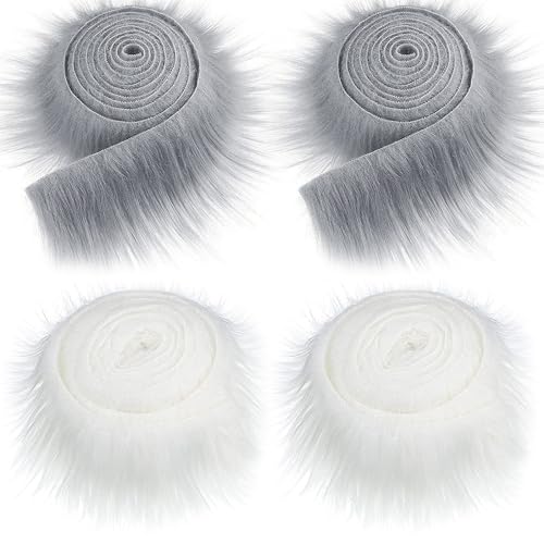 Fiotha 4 Stück Kunstfell zum Basteln, 5 CMx1.5 M Furry Faux Precut Strips, Kunstfell Band Kunstpelz Fellstoff, fur Gnome Beard Santa Hair Dwarf DIY Dekoration Kunstfell Basteln (Weiß + Hellgrau) von Fiotha