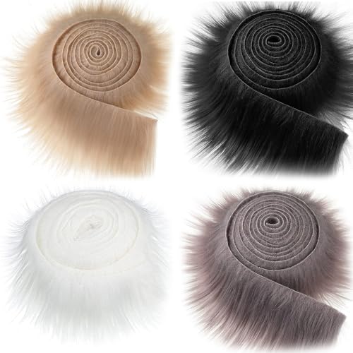 Fiotha 4 Stück Kunstfell zum Basteln, 5CMx1.5M Furry Faux Precut Strips, Kunstfell Band Kunstpelz Fellstoff, fur Gnome Beard Santa Hair Dwarf DIY Dekoration Kunstfell Basteln (Khaki+Schwarz+Grau+Weiß) von Fiotha