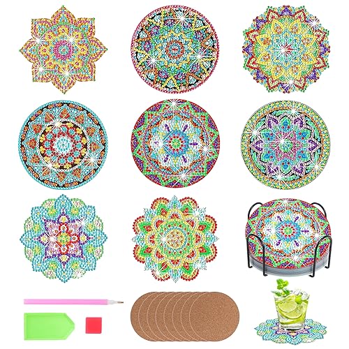 Fippy 8 Stück Diamond Painting Untersetzer mit Halter, DIY Diamond Art Untersetzer, 5D Mandala Diamond Painting Untersetzer für Anfänger Erwachsene Kinder (Mandala D) von Fippy