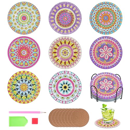 Fippy 8 Stück Diamond Painting Untersetzer mit Halter, DIY Diamond Art Untersetzer, 5D Mandala Diamond Painting Untersetzer für Anfänger Erwachsene Kinder von Fippy