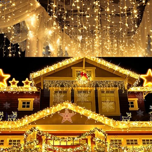 Fiqops Eisregen lichterkette außen 10m Warmweiß 400 leds lichterketten mit Stecker fairy lights aussen innen für Party Garten Weihnachten Hochzeit Beleuchtung Deko von Fiqops