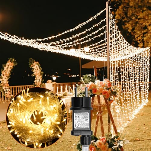 Fiqops LED lichterkette außen 100m 500LEDs lichterketten mit Stecker IP44 Wasserdicht Strom Lichterkette outdoor/innen für Garten Terrasse Hochzeiten Weihnachten Party Warmweiß,Klarer Draht von Fiqops