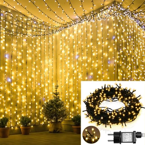 Fiqops LED lichterkette außen 10m 100LEDs lichterketten mit Stecker IP44 Wasserdicht Strom Lichterkette outdoor/innen für Garten Terrasse Hochzeiten Weihnachten Party Warmweiß,Schwarz Draht von Fiqops