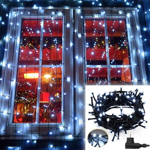 Fiqops LED lichterkette außen 20m 200LEDs lichterketten mit Stecker IP44 Wasserdicht Strom Lichterkette outdoor/innen für Garten Terrasse Hochzeiten Weihnachten Party Kaltweiß,Schwarz Draht von Fiqops