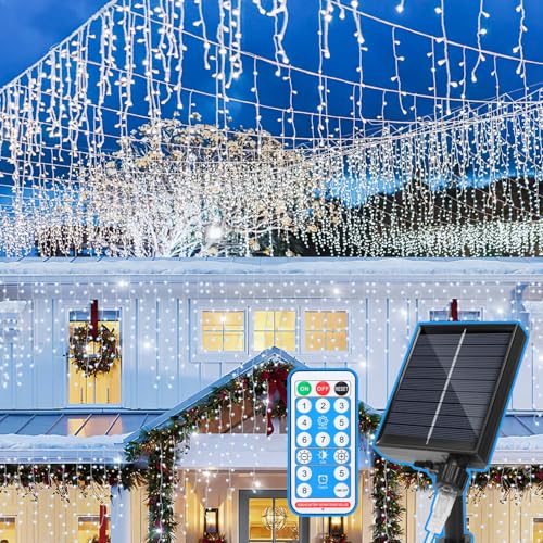 Fiqops Solar Eisregen Lichterkette Außen 10m Kaltweiß 396 leds Solarlichterkette mit batterie & fernbedienung lichterketten aussen für Party Garten Weihnachten Hochzeit Beleuchtung Deko von Fiqops