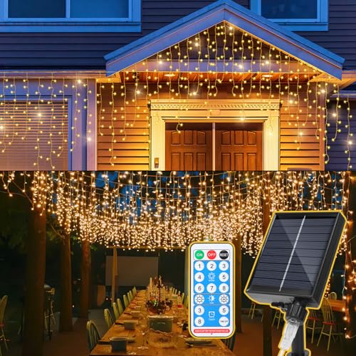 Fiqops Solar Eisregen Lichterkette Außen 10m Warmweiß 396 leds Solarlichterkette mit batterie & fernbedienung lichterketten aussen für Party Garten Weihnachten Hochzeit Beleuchtung Deko von Fiqops