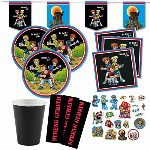 Firlefantastisch Partyset DREI ??? Kids mit schwarzen Bechern und Bechersticker Streng Geheim // Die DREI Fragezeichen Kids Partyset von Firlefantastisch