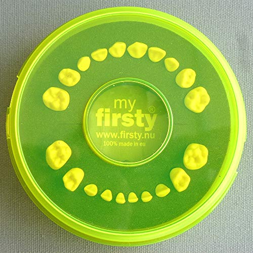 Firsty Milchzahndose Round Fluor (Fluor Gelb/Schwarz, Limited Edition, Jungen/Mädchen). Logbüchlein Deutsch. Inklusive Kühlschrankmagnet und Hurra-Aufkleber. von Firsty