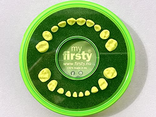 Firsty Milchzahndose Round Fluor (Fluor Grün/Schwarz) (Jungen/Mädchen) inklusive Kühlschrankmagnet und Hurra-Aufkleber von Firsty