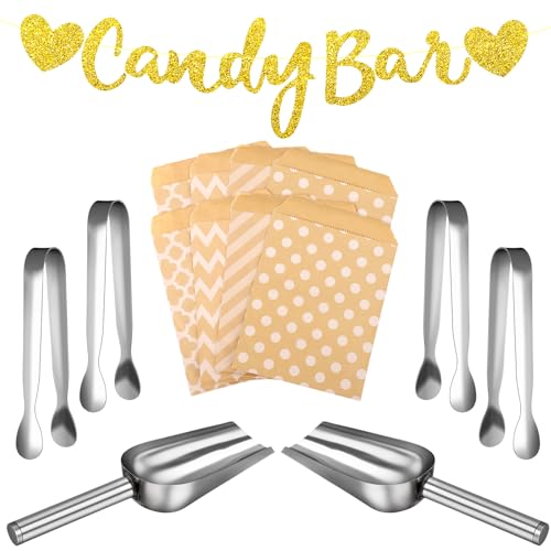 Firtink Candy Bar Zubehör,107 Stück Candy Bar Partydekorationen einschließlich Candy Bar Tüten Zuckerzange Candy Bar Schaufel und Girlande für Hochzeit Party Geburtstagsdekoration(Gold) von Firtink