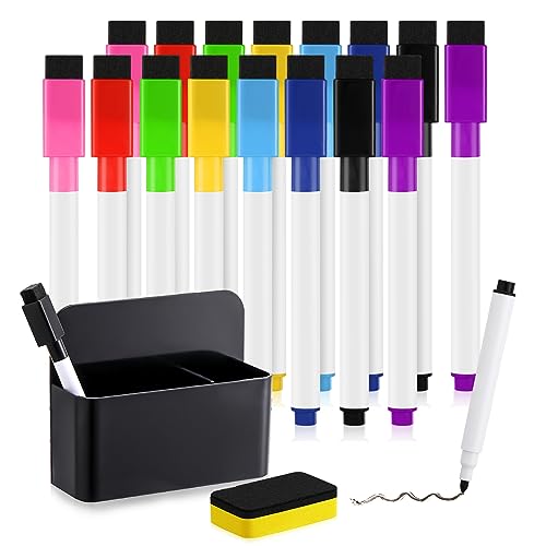 Firtink 16 Stück Whiteboard Marker mit Whiteboard Schwamm und Magnetischer Stifthalter Magnetisch Markerhalterun für Whiteboard Halterung Kühlschrank Schule Büro(Schwarz) von Firtink