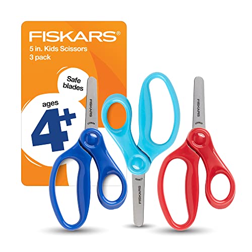 Fiskars Kinderschere, Schere für die Schule, Sicherheitsschere, stumpfe Spitze, 12,7 cm, 3 Stück, Rot, Blau, Türkis von Fiskars