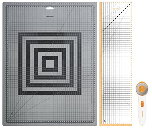 Fiskars Näh-Starterset, Rollschneider mit Ø 45 mm, Selbstheilende A2-Schneidematte (45 x 60 cm / 18 x 24"), Patchwork-Lineal (15 x 60 cm), 3-teilig, 1066046 von Fiskars