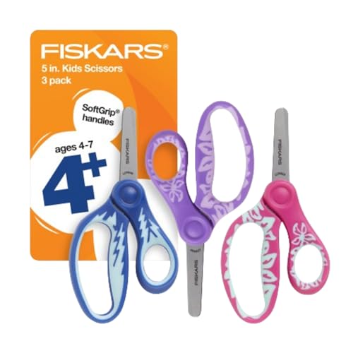 Fiskars Softgrip Scheren mit stumpfer Spitze für Kinder – 3er-Pack – 12,7 cm Kinderschere zum Basteln für die Schule ab 4 Jahren – Blau, Lila, Rosa von Fiskars