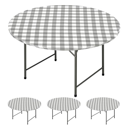 Fitable Buffalo karierte, runde elastische Tischdecke, Vinyl-Tischdecke, Flanell-Rückseite, abwischbare Tischdecke für Picknick, Essen im Freien, Silber und Weiß, 4 Stück (passend für runde Tische von von Fitable