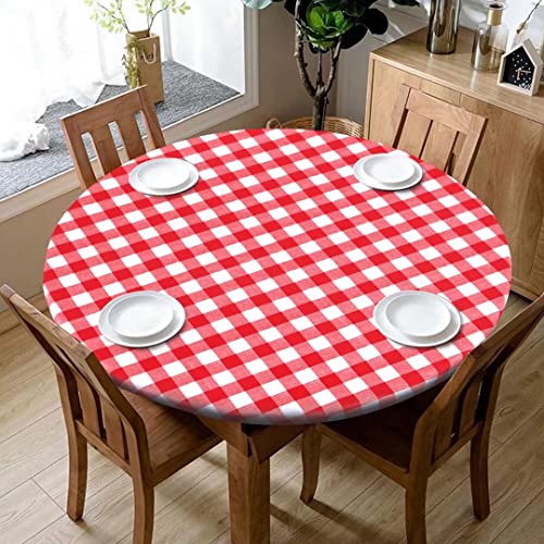 Fitable Runde Vinyl-Tischdecke – wasserdicht, kariert, elastische Kanten, Tischdecke mit Flanell-Rückseite, abwischbar, Picknick-Party, rot/weiß (passend für runde Tische von 91.4 cm bis 111.8 cm) von Fitable