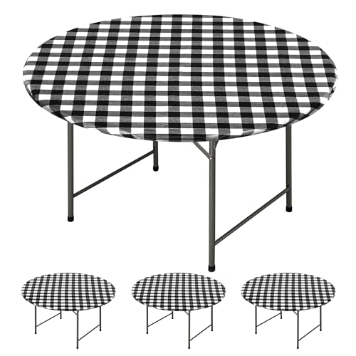 Fitable Vinyl-Tischdecke mit Gummizug, schwarz-weiß kariert, mit Flanell-Rückseite, kariert, Tischdecke für Picknick-Partys (passend für runde Tische mit 114,3 - 142,2 cm), 4 Stück von Fitable