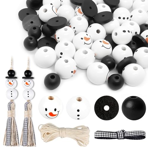 Fitbitop 80 natürliche Holzperlen für 20 Sets Schneemänner, 20mm Schneemann Holzperlen Weihnachtsperlen mit Lächeln-Gesicht Set für DIY-Basteleien, Weihnachten, Halloween von Fitbitop