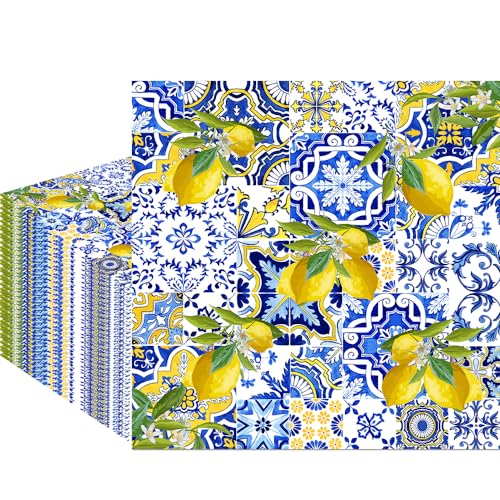 Fitumiw Papierservietten mit blauen Fliesen, Sommerfrucht, Einweg-Servietten, Zitronenmotiv, dekorative Servietten für Partyzubehör, Tischdekoration, 80 Stück von Fitumiw
