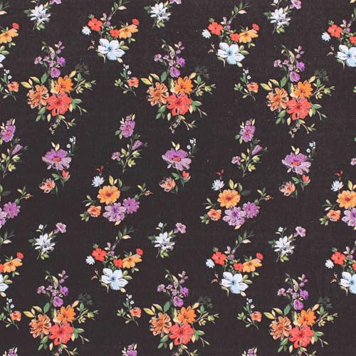 Viskose Stoff bunte Blumen, Meterware, schwarz (Längre am Stück: ab 100cm / Breite: 140cm) von Fitzibiz