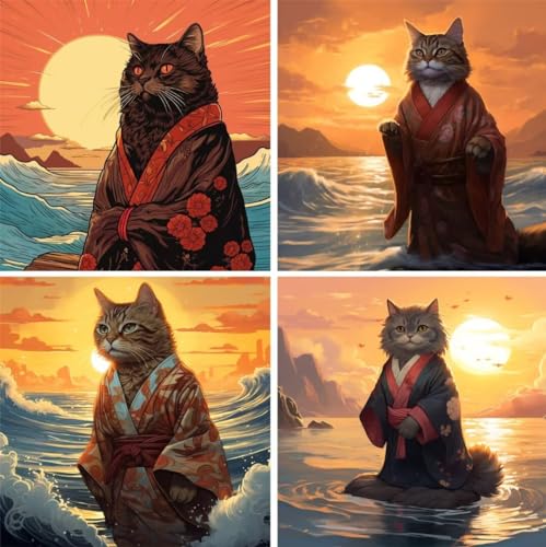 4 Stück Katze 5D Diamond Painting Klein 32x32CM, Diamond Painting Erwachsene Kimono Diamond Art Painting Kinder Anfänger Stickerei Malerei 4 Pack für Schlafzimmer Deko Wohnzimmer Geschenke für mama von Fiububu