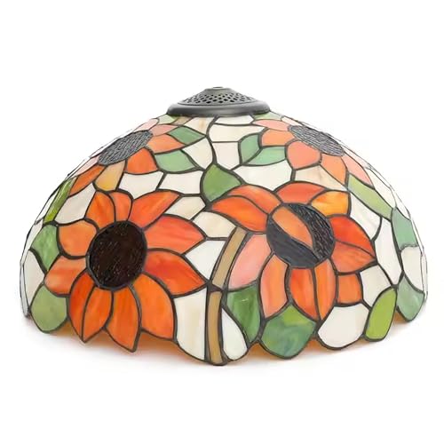 Fiunkes 16 Zoll Sonnenblumen-Lampenschirm-Ersatz mit passender Kappe, Vintage-Pastoral-Blumen-Grün-Weiß-Orange-Buntglasschirm für Tischlampe, Deckenlampe, Stehlampe, Kücheninsel von Fiunkes