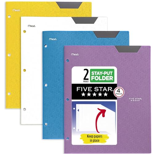 Five Star 2 Pocket Folders, 4 Pack, Plastic Folders with Stay-Put Tabs, Fits 3-Ring Binder, Holds 8-1/2” x 11" Paper, Writable Label, Tidewater Blue, White, Amethyst Purple, Harvest Yellow (38065) von Five Star