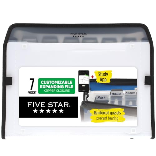 Five Star 72508 Fächermappe mit 7 Fächern, erweiterbare Kunststoff-Ordner mit anpassbaren Registern und transparentem Deckel, für 27,9 x 21,6 cm, Reißverschluss, Weiß von Five Star