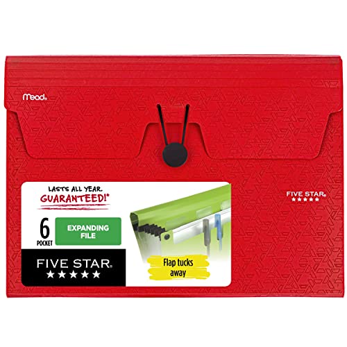 Five Star Fächermappe mit 6 Fächern, Kunststoff, erweiterbare Aktenordner mit Taschen und Einsätzen, für 27,9 x 21,6 cm, Bungee-Verschluss, Feuerrot (72387) von Five Star