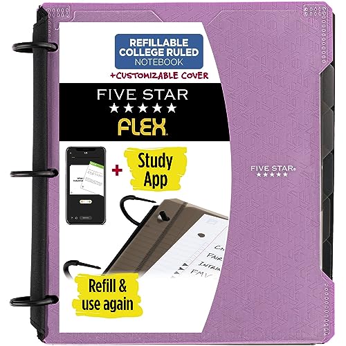 Five Star Flex 29326AB6 nachfüllbares Notizbuch + Lern-App, 2,5 cm Ordner mit anpassbarem Einband, College-Notizbuch und 3-Ringbuch, Hybrid-Notizbuch, 200 Blatt Kapazität, Violett von Five Star