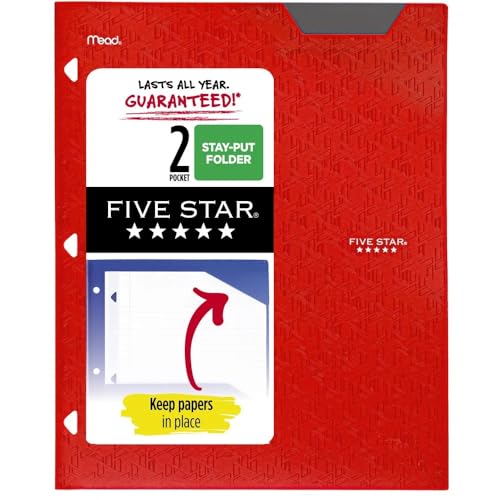 Five Star Kunststoff-Ordner, 2 Taschen mit festen Reitern, passend für 3-Ringordner, für 21,6 x 27,9 cm große Papiere (Feuerrot) von Five Star