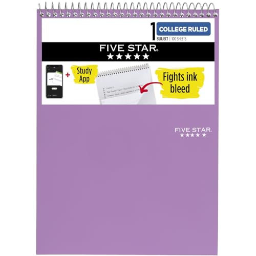 Five Star Oben gebundener Notizblock + Lern-App, 1 Fach, College, liniert, 21,6 x 27,9 cm, Amethystviolett (820058B-ECM) von Five Star