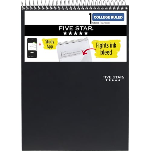 Five Star Oben gebundener Notizblock + Lern-App, 1 Fach, College liniert, 21,6 x 27,9 cm, Schwarz (820058A-ECM) von Five Star