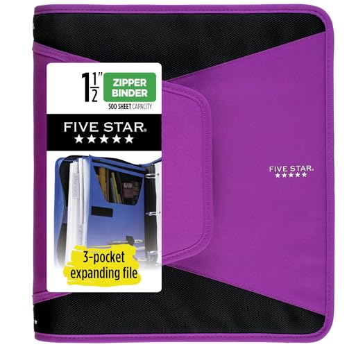 Five Star Reißverschlussordner, 3,8 cm, 3-Ringbuch für die Schule, Fächermappe mit 3 Fächern, Kapazität 500 Blatt, Violett (72532) von Five Star