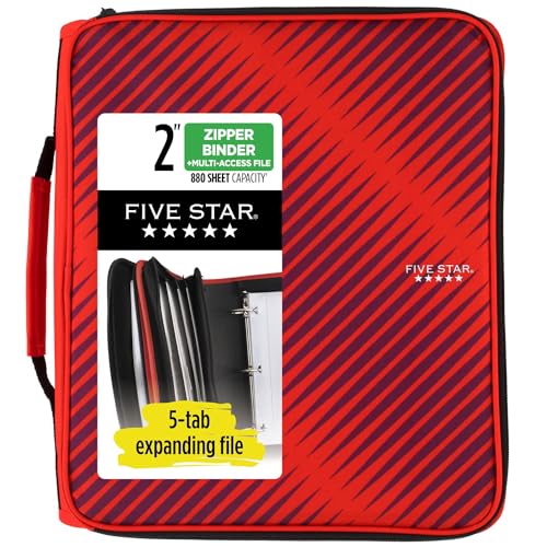 Five Star Reißverschlussordner, 5,1 cm, 3-Ringbuch für die Schule, Fächermappe mit 6 Fächern, Kapazität 880 Blatt, Rot (72538) von Five Star