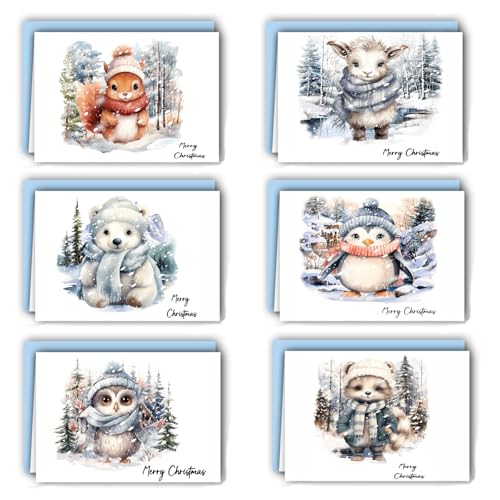 12 Weihnachtskarten Klappkarten mit Umschlägen, A6 Postkarten Set, Aquarell Waldtiere Serie, mit Weihnachtsgrüße, Weihnachtskarte für Familie Freunde (Englisch) von FiveMileBro