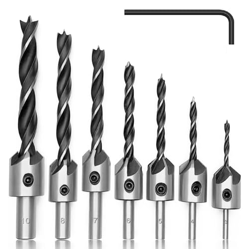 Fixinus 7 Stück Senkbohrer mit Innensechskantschlüssel, HSS 5 Flute Senker Bohrer Set, Reibahle Countersink Bohrer Werkzeug für Holzverarbeitung Kunststoff, 3 4 5 6 7 8 10 mm von Fixinus