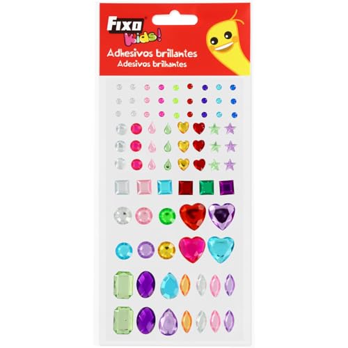 Fixo Kids 99 glitzernde Dekoaufkleber, 4 verschiedene Farben und Formen, Sterne, Tropfen, Quadrate, Blumen, Kristalldiamanten, ideal für Bastelarbeiten und Festival-Zubehör von Fixo Kids