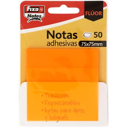 Fixo Notes | transparente Haftnotizen | 50 Haftnotizen à 75 x 75 mm | aus Kunststoff | Neonorange | wiederverwendbar und wasserdicht, perfekt für Schulbücher und Bürodokumente von Fixo