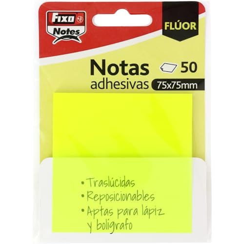 Fixo Notes | transparente Haftnotizen | 50 Haftnotizen à 75 x 75 mm | aus Kunststoff | Neongelb | wiederverwendbar und wasserdicht, perfekt für Schulbücher und Bürodokumente von Fixo