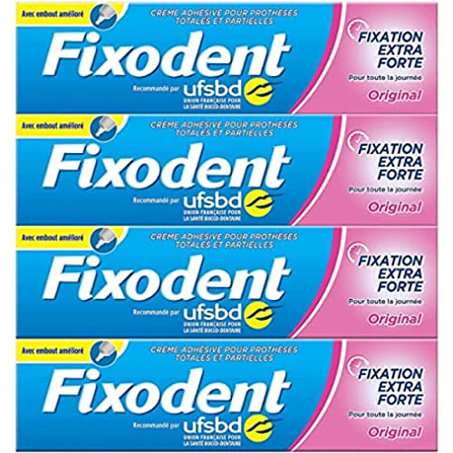 Fixodent Fixative Creme Original Mega-Pack, Klebstoff für Zahnprothesen, extra starker Halt, antibakterielles Schild, weiche Minze, 4 x 47 g von Fixodent