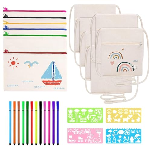 Fiyuer 12er Set Stoffbeutel zum Bemalen für Kinder, DIY Blanko Stoffbeutel Klein, mit 12 Buntstift & 4 DIY Malschablonen, Taschen zum Bemalen für Kinder, Brustbeutel für Schule Party Feier Geschenk von Fiyuer